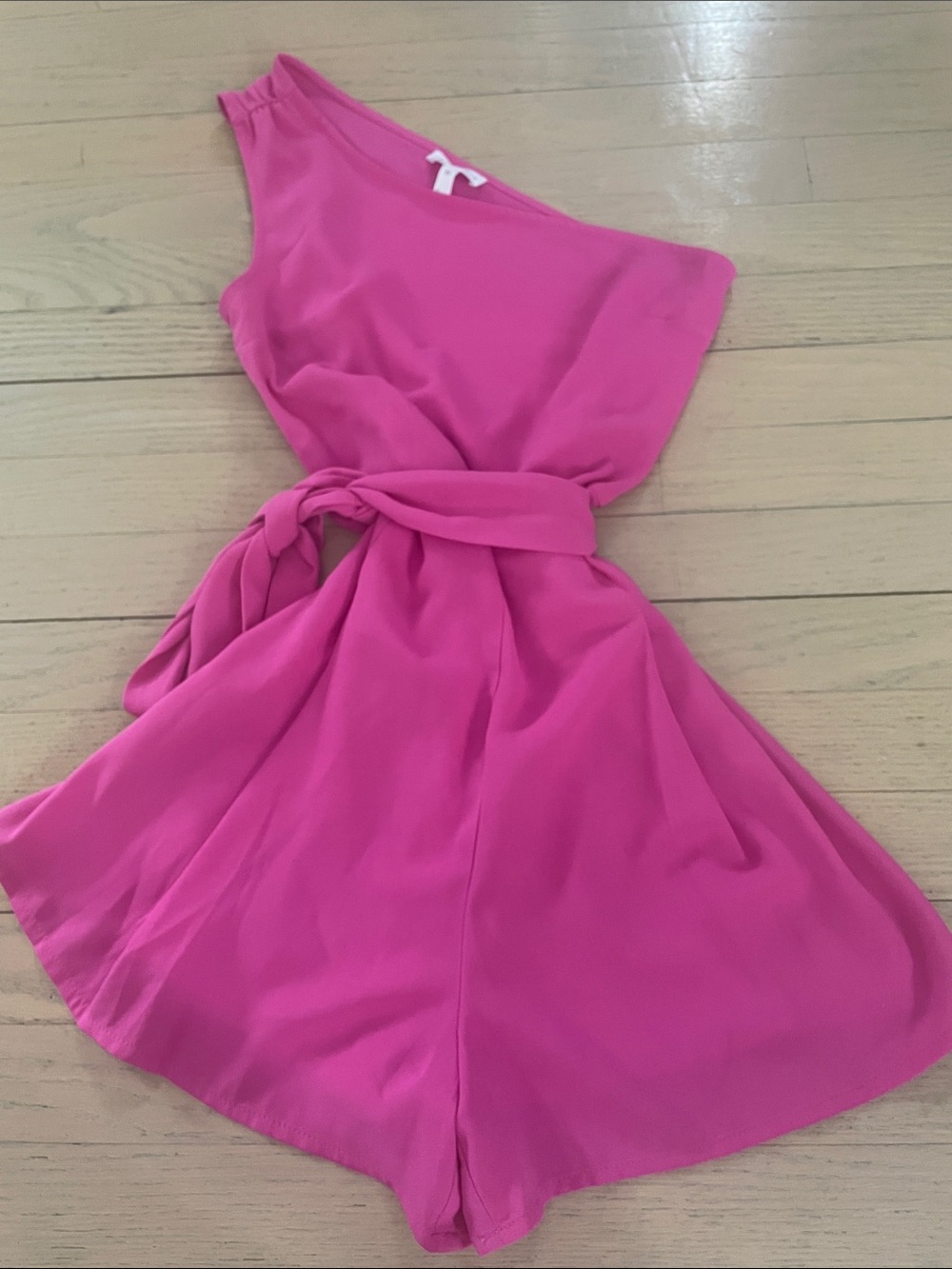 Leith Bright Pink One-Shoulder Romper with Waist Tie